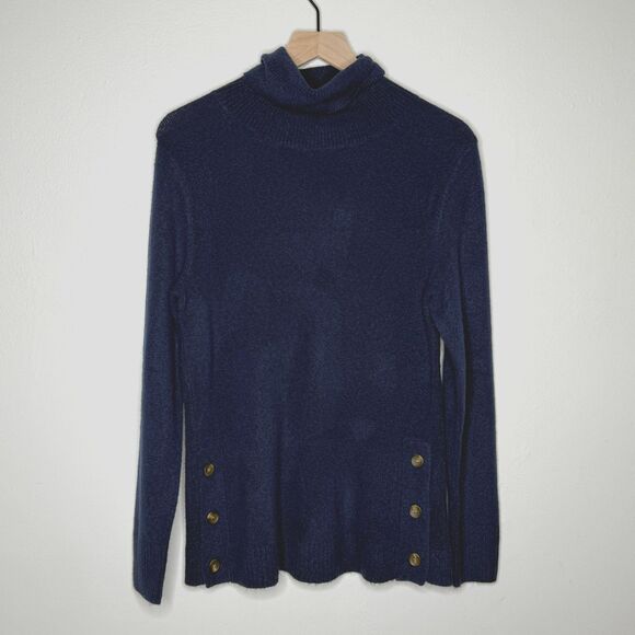 J.Crew Womens Turtleneck Sweater XS Blue Wool Blend Side Buttons Preppy Academia - Picture 1 of 9
